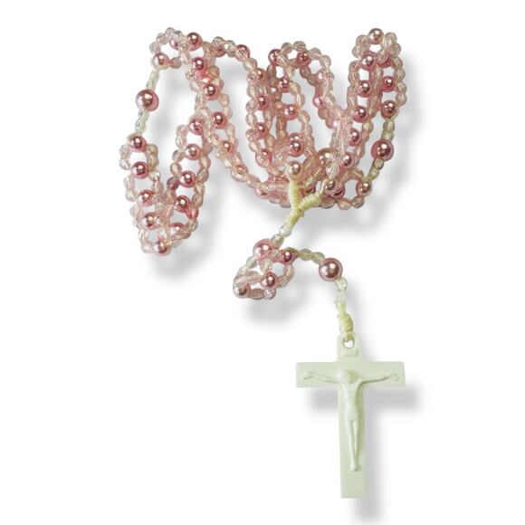 Vintage Pink Plastic Double Strand Rosary - Picture 1 of 4